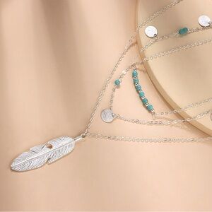Multi-layer Silver and Turquoise Feather Necklace